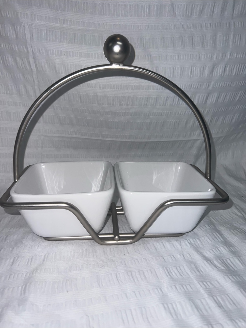 The Pampered Chef White Ceramic Twin Dip Bowls with Silver Metal Handle